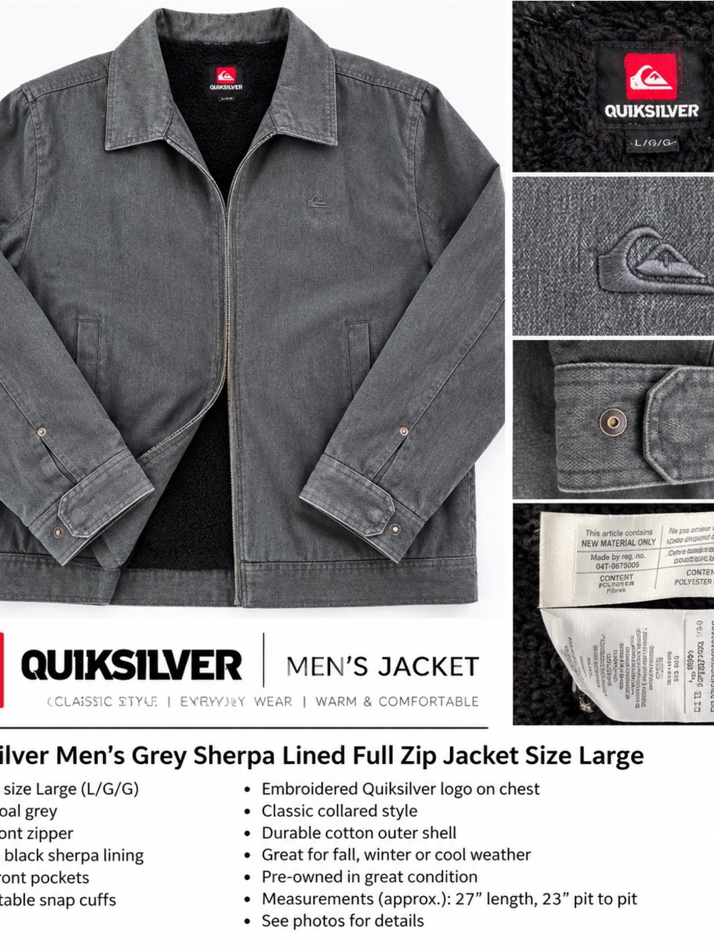 Quiksilver Men’s Grey Sherpa-Lined Full-Zip Jacket – Size Large